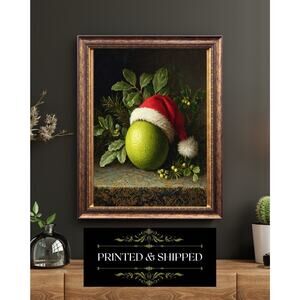 Funny Lime Christmas Still Life Print Santa Hat Holiday Festive Fruit Wall Art